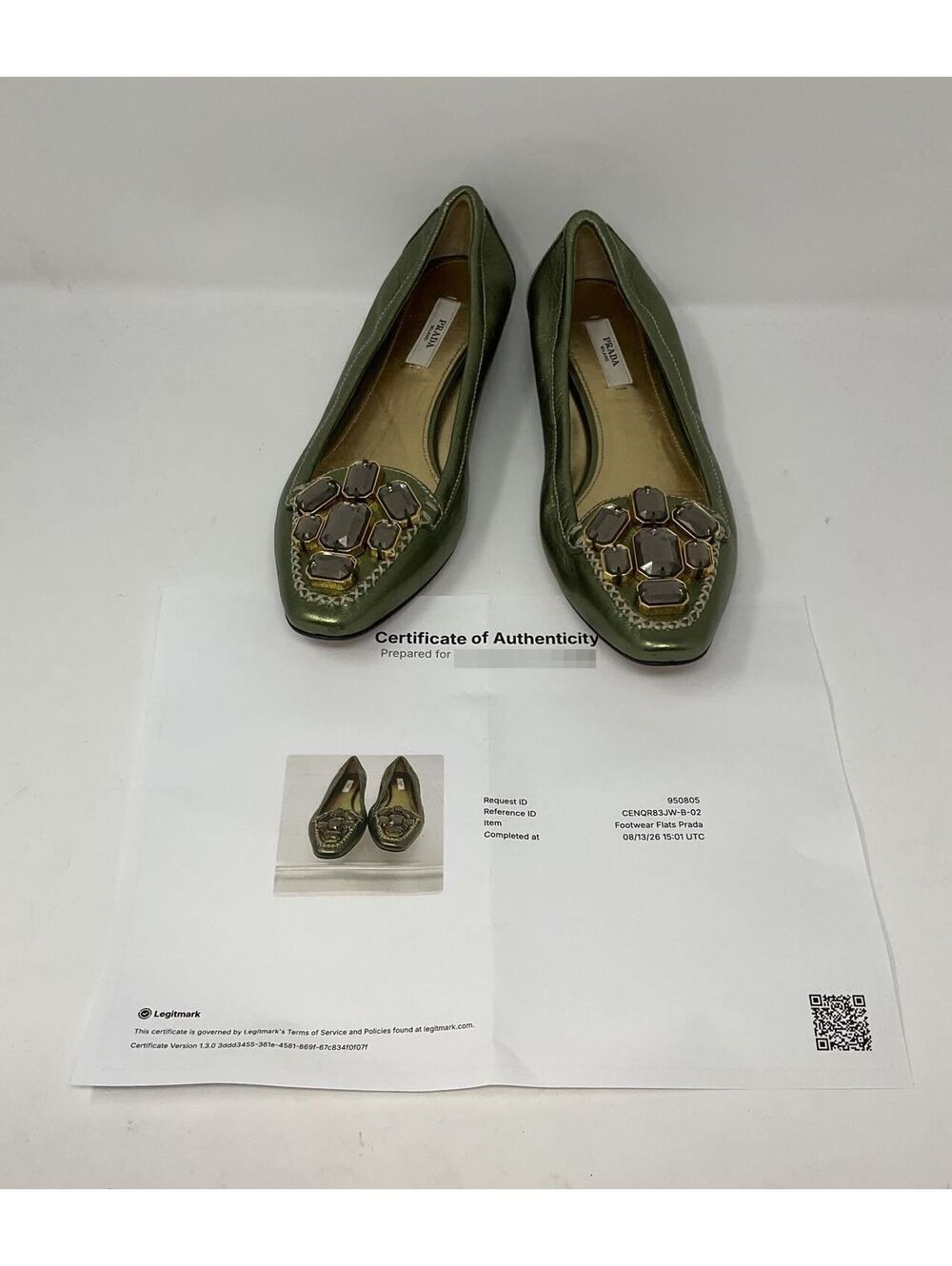 Prada Metallic Green Jeweled Crystal Embellished Low Wedge Flats Size 37.5 COA